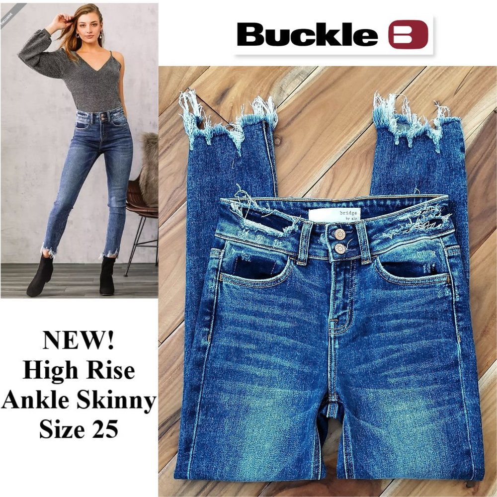 NEW! BUCKLE Bridge by GLY Elliot High Rise Ankle Skinny Stretch Jeans Raw Hem 25